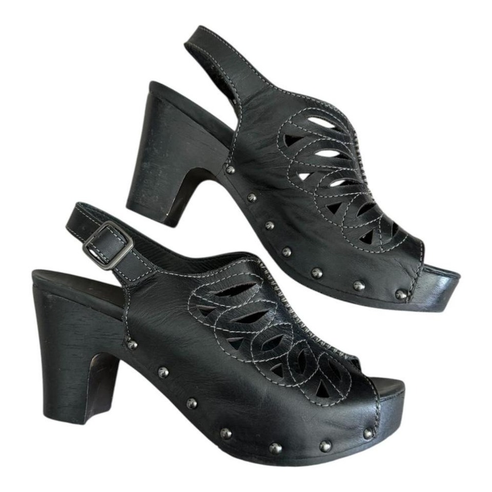 Dansko Black leather platform wedges heels with cutouts and studded details